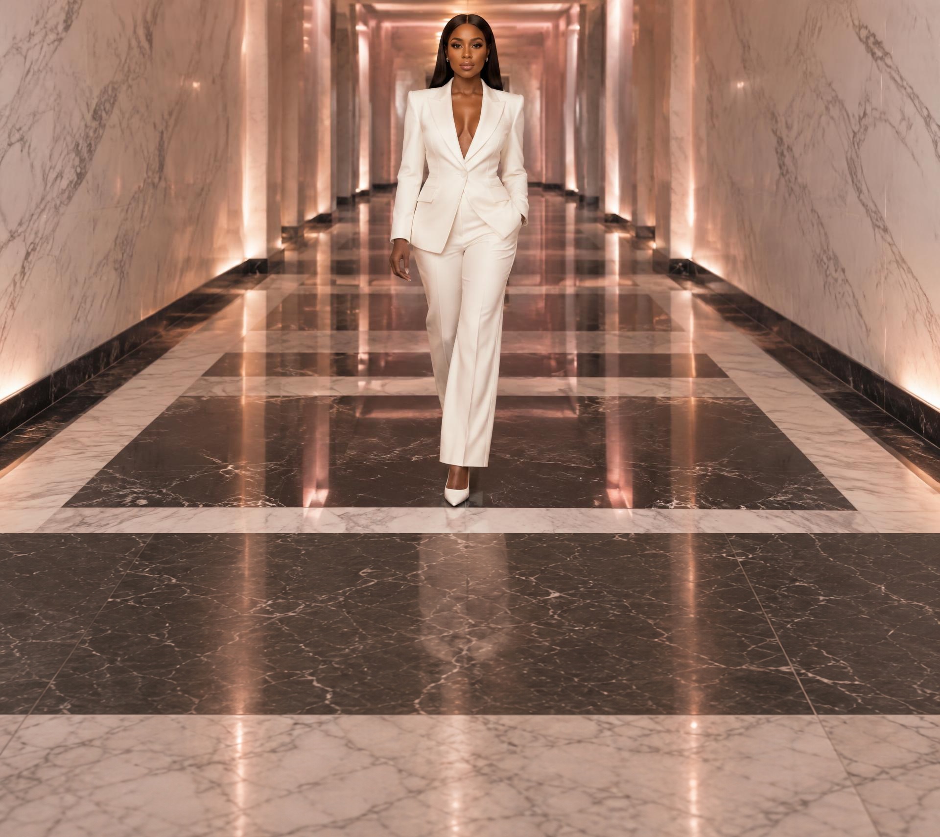 Woman in a white couture suit walking down a marble hallway